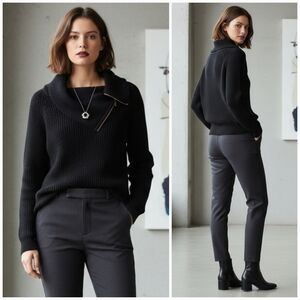 Cleo XS Modern Contemporary Preppy Workwear Cabincore Split Neck Ribbed Sweater